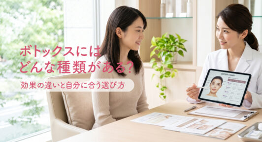美容クリニックのカウンセリングルームで、日本人女性が医師から顔の施術部位に関する説明を受けている様子の「ボトックスにはどんな種類がある？効果の違いと自分に合う選び方」と書かれたタイトル画像