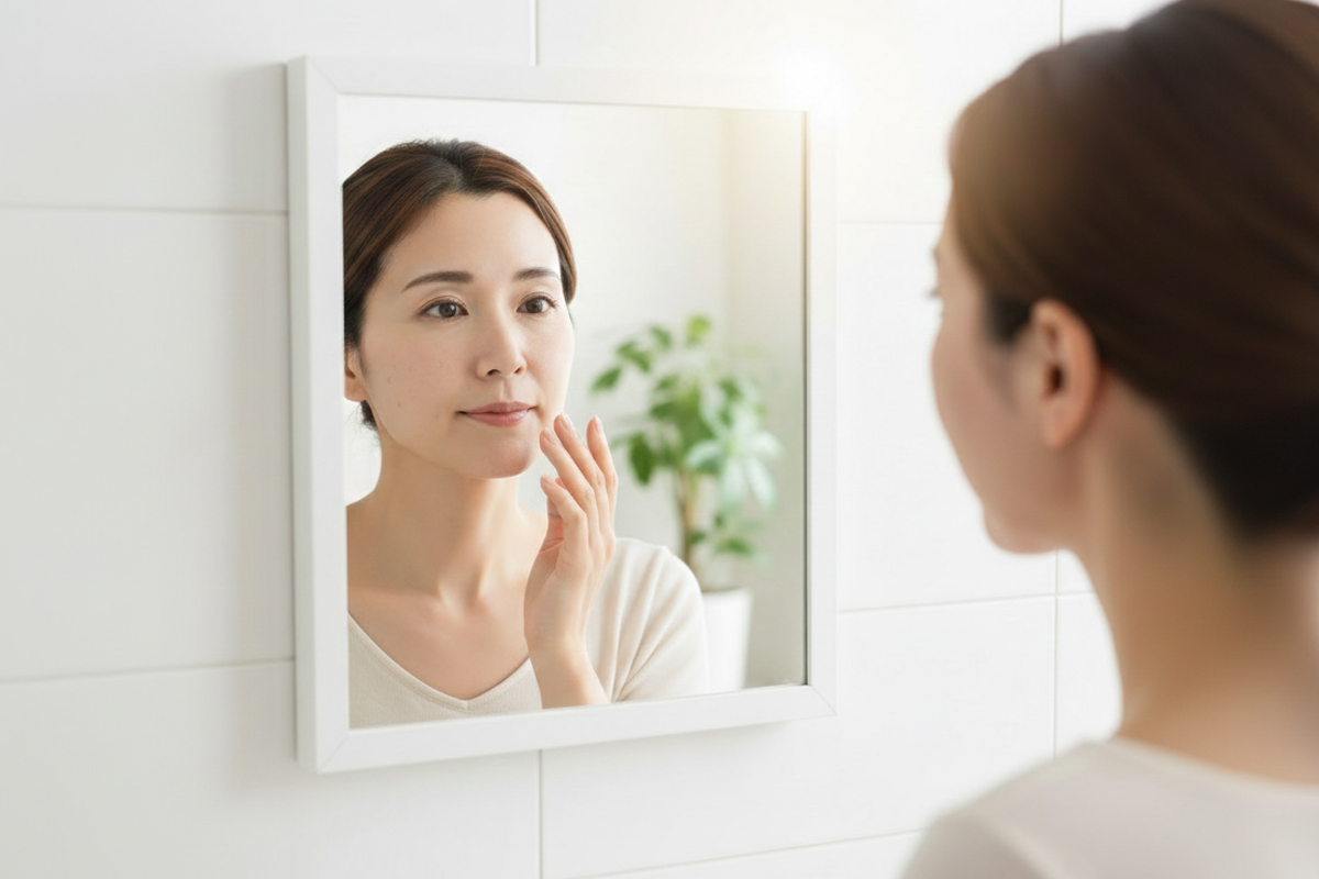 鏡を見ながら肌に触れて顔の状態を確認している紙を結った女性