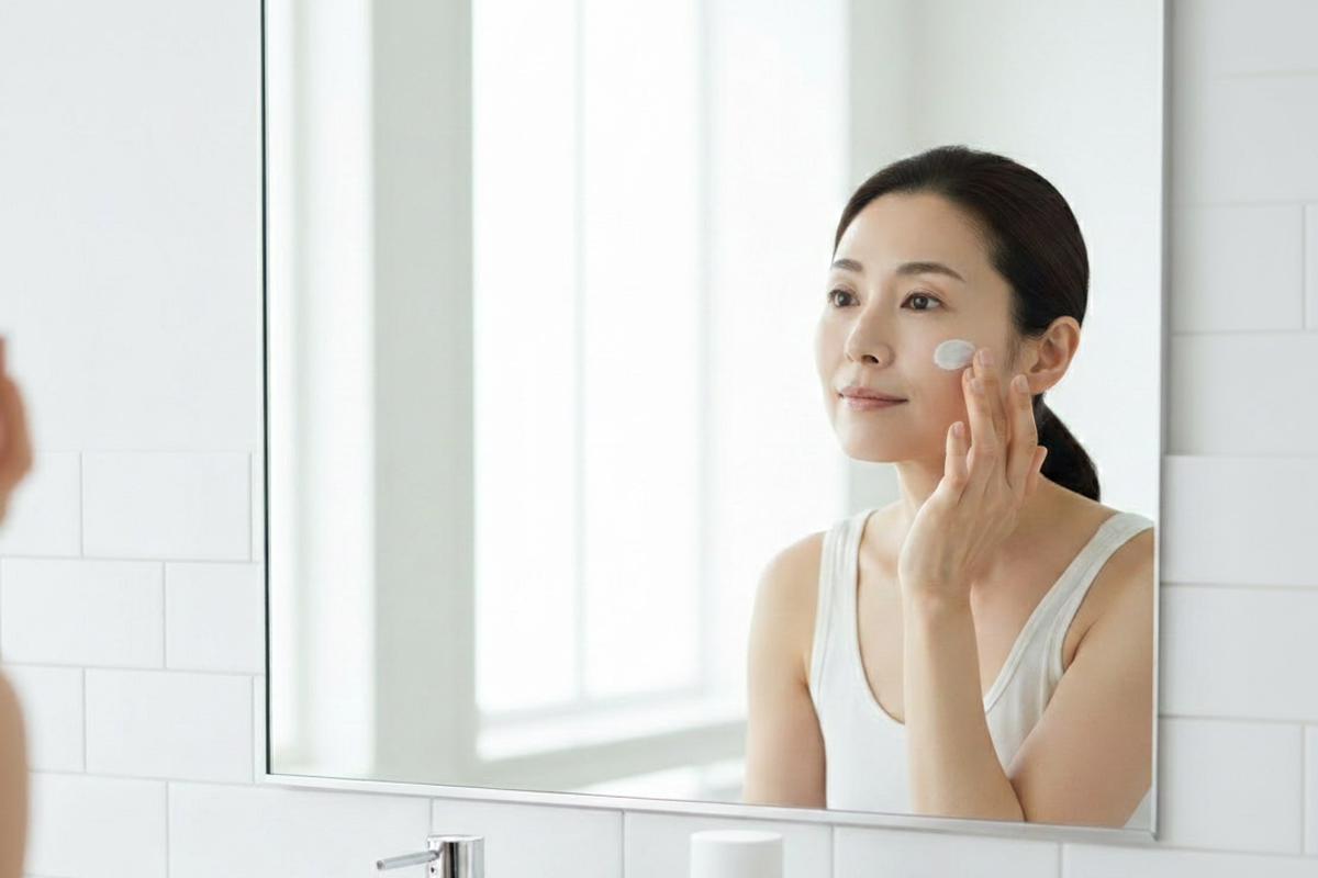自宅の鏡の前で頬にクリームを塗っている女性。白のタンクトップを着ており、優しく肌に触れている。