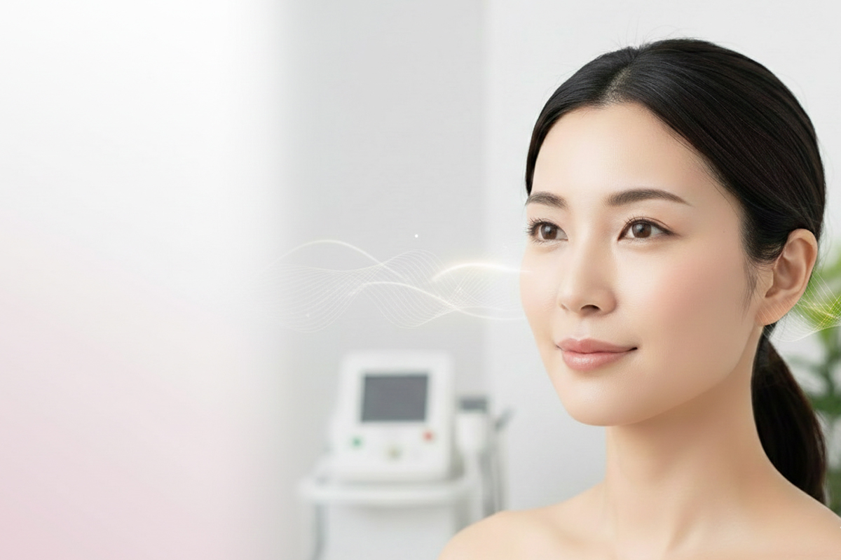 クリニックの機器が見える明るい室内で、フェイスラインを意識した横向きの女性が、やわらかな表情で前を見つめているイメージ写真です。