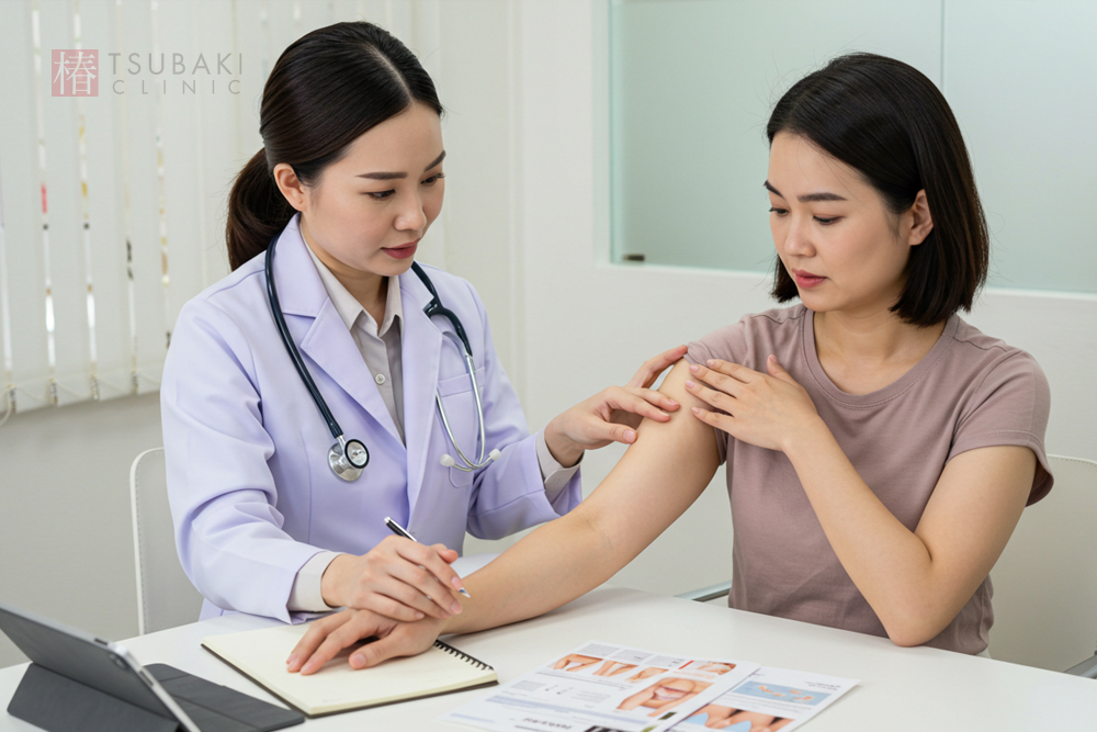 診察室で、白衣の医師が女性の二の腕に触れながら状態を確認している様子。女性は自分の腕に手を添えつつ医師の説明を聞いている。机には二の腕の施術例や説明が載った資料が広げられている