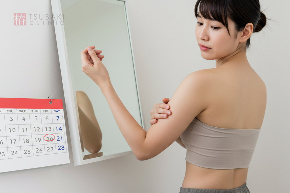 鏡の前でチューブトップ姿の女性が自分の二の腕を触れて確認している様子。横には月間カレンダーが掛けられており、20日と21日の日付に赤丸がついている。施術のタイミングやスケジュールを意識しながら二の腕の状態をチェックしているシーン。