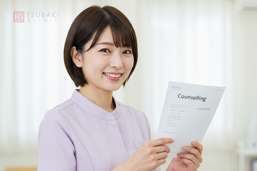カウンセリングと書かれた紙を手に、こちらを見て微笑んでいるナース服を着た女性。