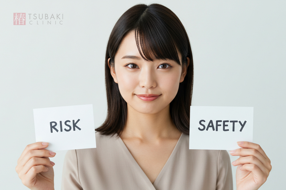 『RISK』と『SAFETY』のカードを持つ女性（リスクと安全性の比較イメージ）