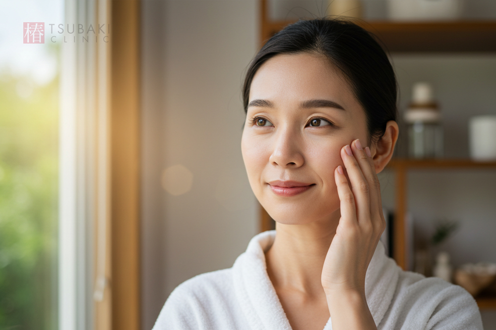 50代くらいの女性が白いガウン姿で窓辺に立ち、頬に手を当てながら肌の調子をやさしく確かめています。