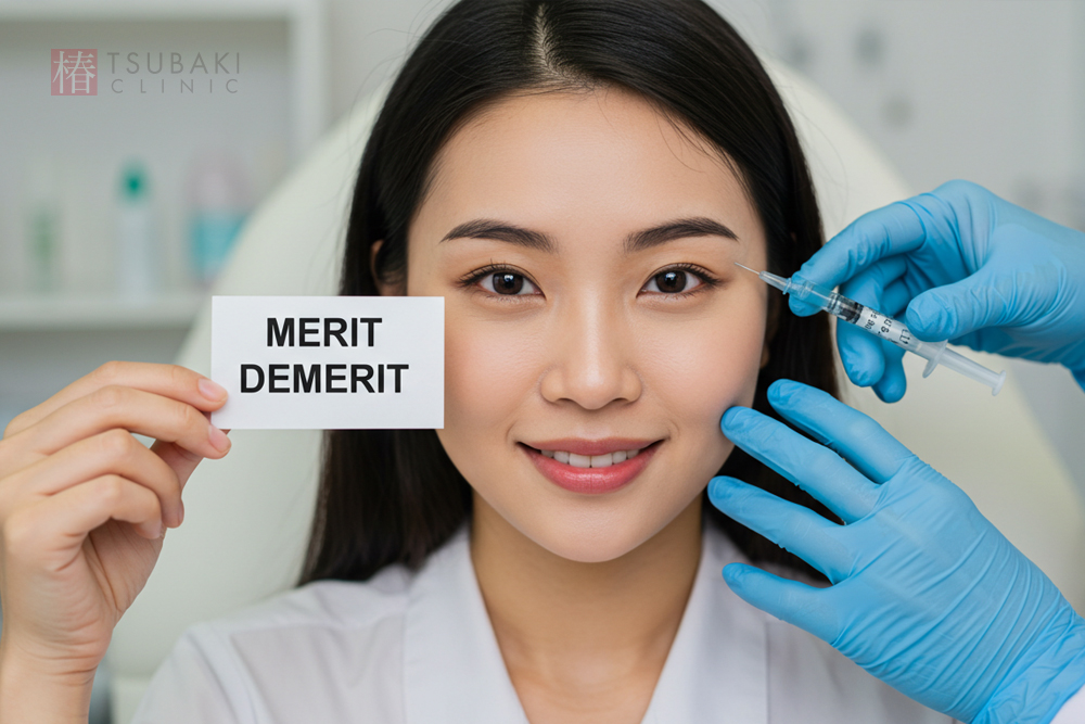 30代くらいの女性が笑顔で「MERIT DEMERIT」と書かれたカードを持ち、青い手袋の施術者が注射器を頬の近くに当てて、施術のメリット・デメリットを説明している場面です。
