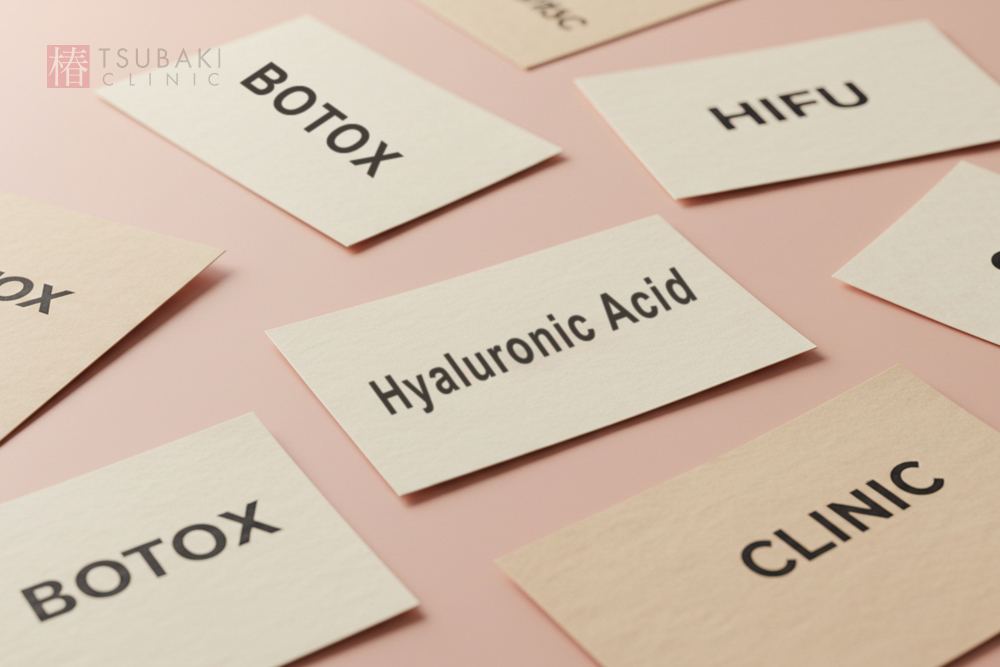 ピンクの背景に「BOTOX」「HIFU」「Hyaluronic Acid」「CLINIC」などと書かれたカードがいくつも置かれており、美容クリニックの施術メニューを並べて比較するイメージです。