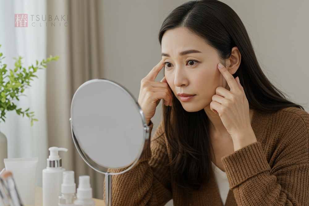 30代くらいの女性がテーブルの上の卓上ミラーを見ながら、両手の指でこめかみと目尻付近をそっと押さえて、しわやたるみの出方を確認しています。周りにはスキンケアのボトルが並んでいます。