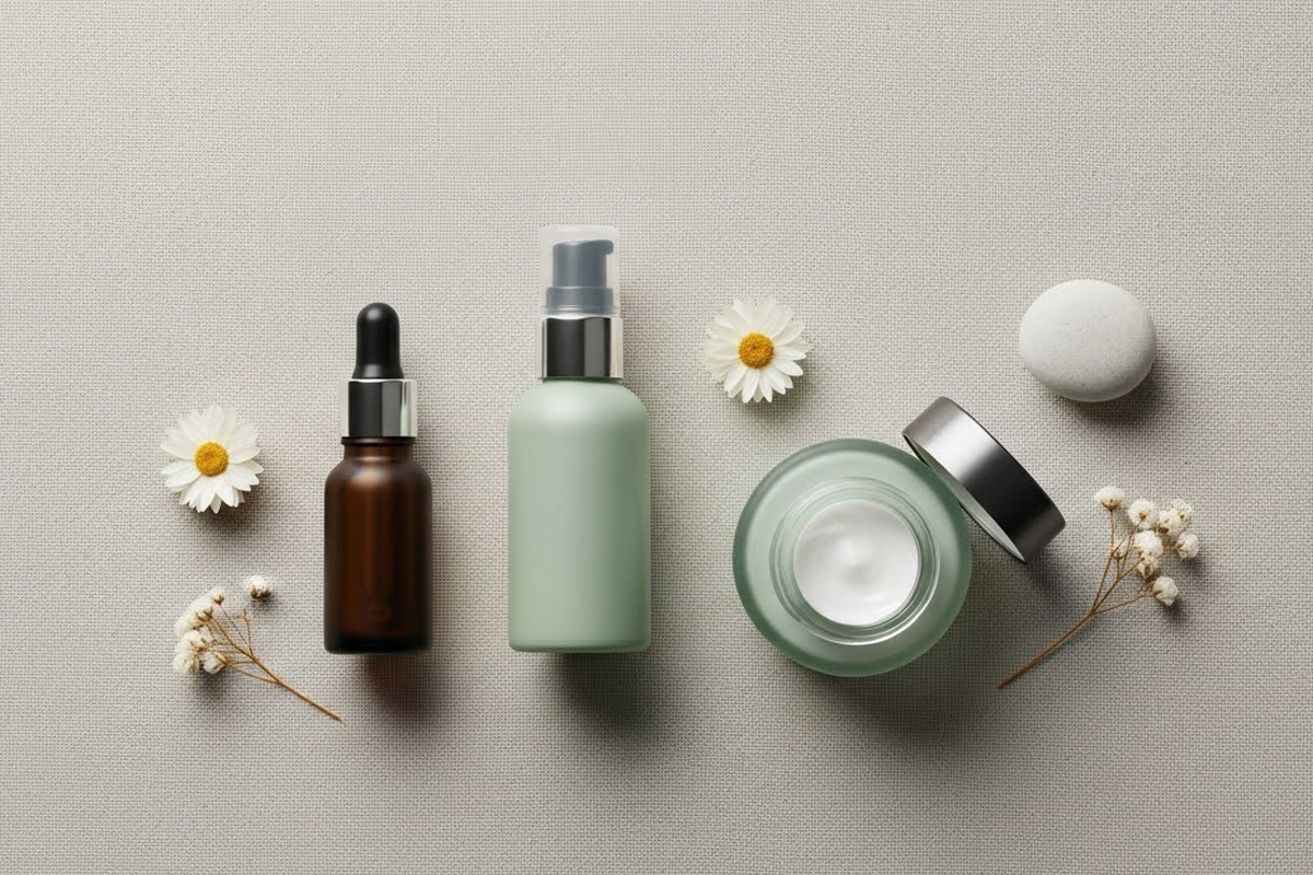 ベージュの布の上に、茶色のスポイト瓶、薄い緑色のポンプボトル、ふたを外したクリーム容器（中に白いクリーム）、銀色のふた、白い丸いスポンジが横一列に並び、周りに白い小花と乾いた小枝が添えられている画像です。