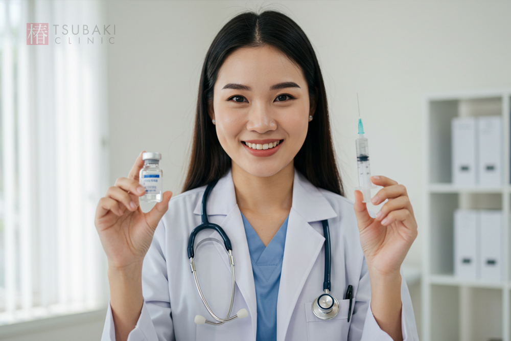白衣を着た医療スタッフが、薬剤の入ったバイアルと注射器を手に持ち、やさしく微笑んでいる画像