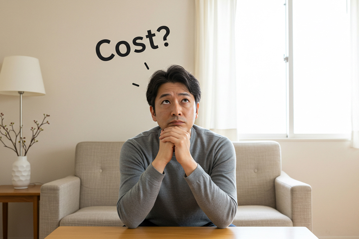 明るい自宅のテーブルに肘をついて考え事をしている男性。頭の上には「ＣＯＳＴ？」という文字が浮かんでおり、金額について考えている様子。