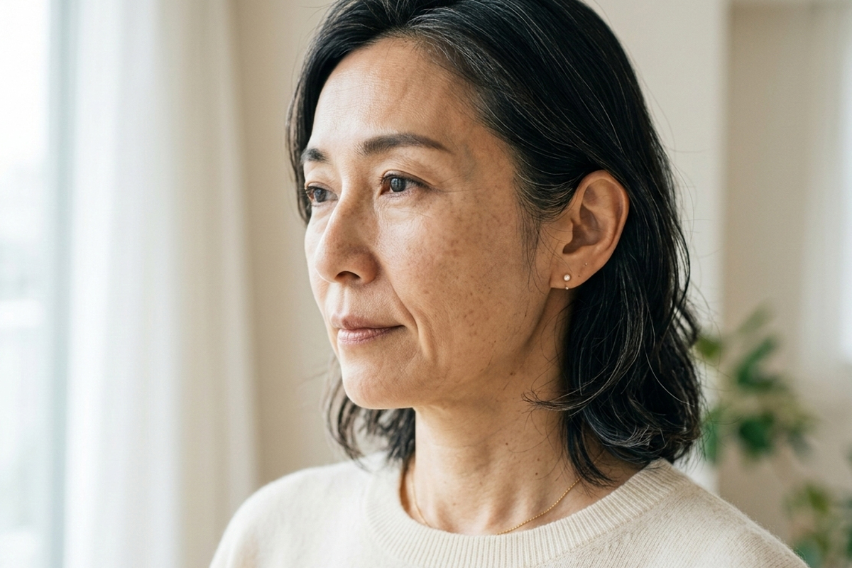 明るい室内で窓の外を見つめる40代の日本人女性のクローズアップ。頬の影によって、鼻の横から口角へ伸びる鼻唇溝(ほうれい線)がはっきり分かる。