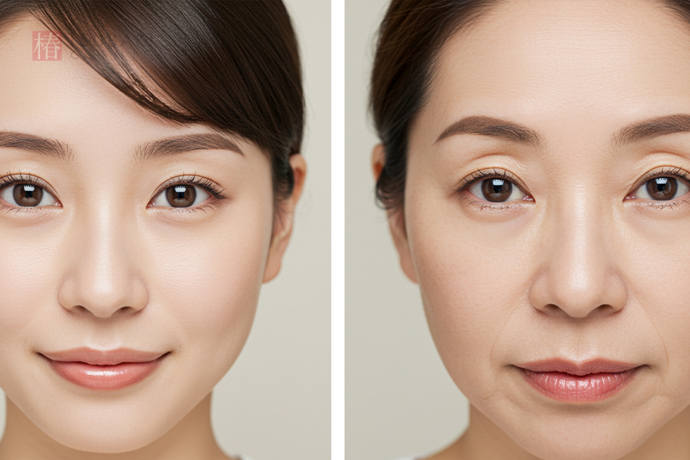 左右に並んだ女性の顔の比較画像。左は若い女性で目元がなめらか、右は年齢を重ねた女性で目の下（目袋）のふくらみや影が目立つ様子がわかる。