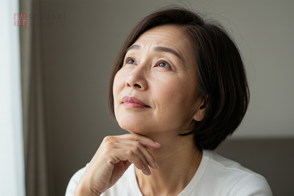 窓辺のやわらかな光の中で、顎に手を添えながら上を見つめる女性のポートレート。落ち着いた表情で、年齢に応じた肌悩みやエイジングケアをイメージさせるビジュアル。