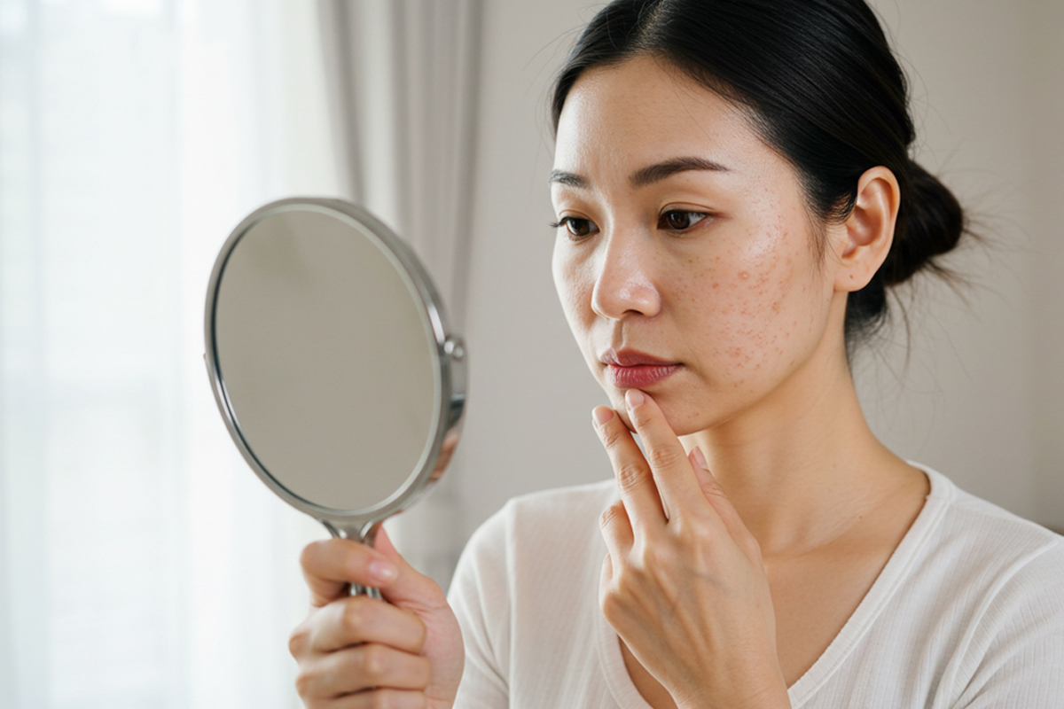 鏡を見ながら頬のニキビ跡を眺めている女性。不安そうな表情をしている。