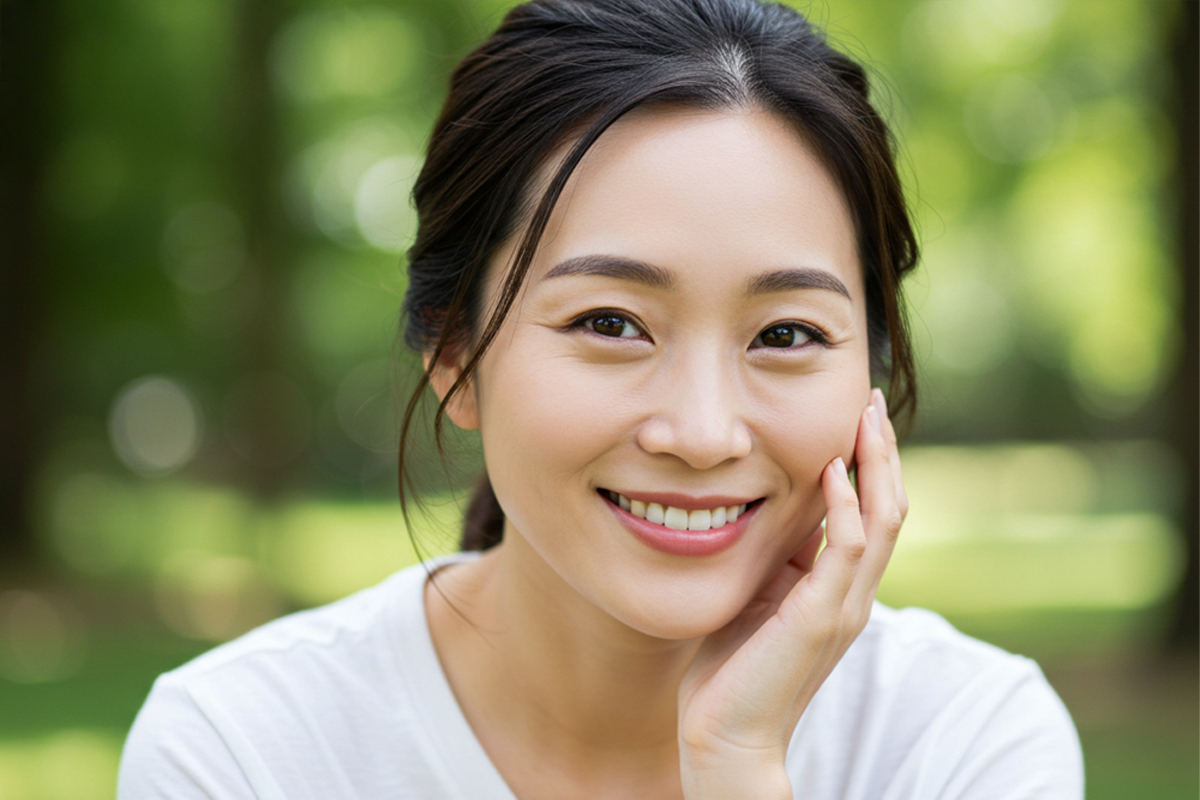緑の自然の中で頬に手を当てて微笑んでいる女性。