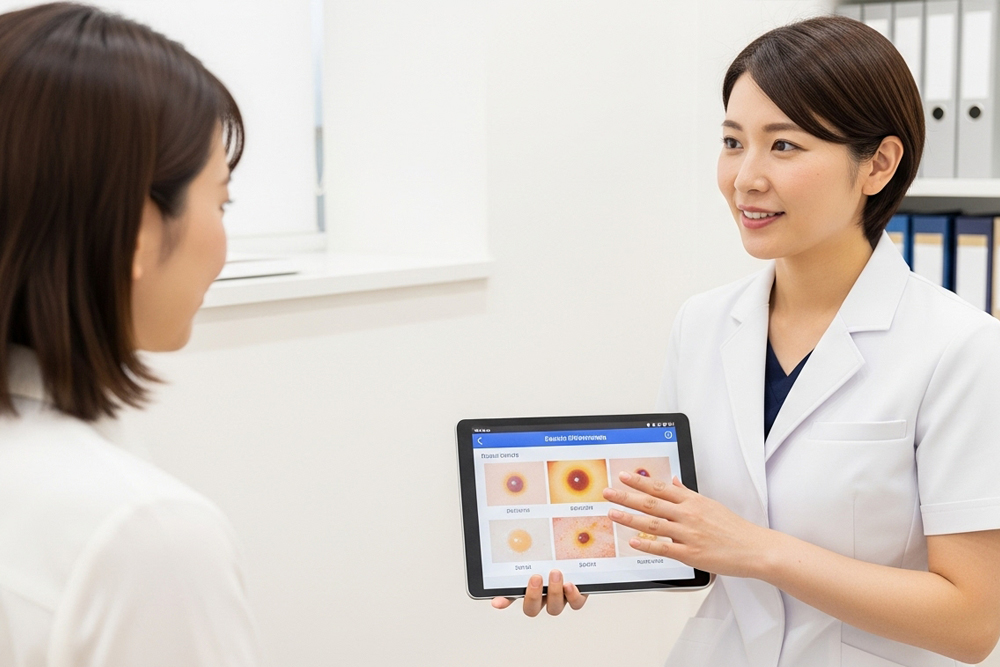 清潔なクリニックの室内で、女性医師がタブレットを用いて様々な種類のしみやほくろを女性に説明している様子。
