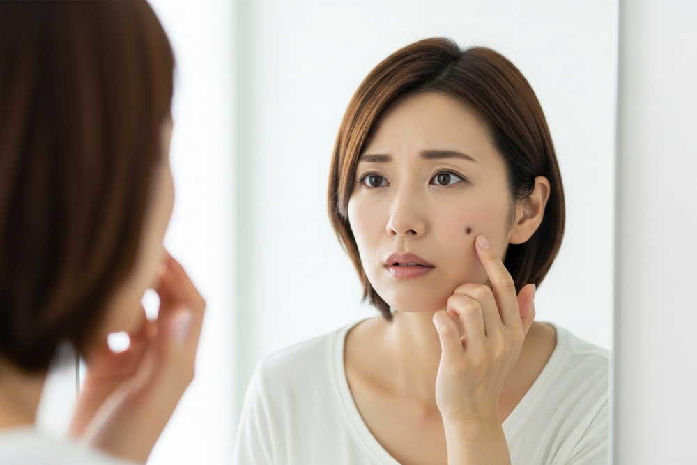 鏡を見ながら不安そうな表情で、頬の黒い斑点に触れている女性。