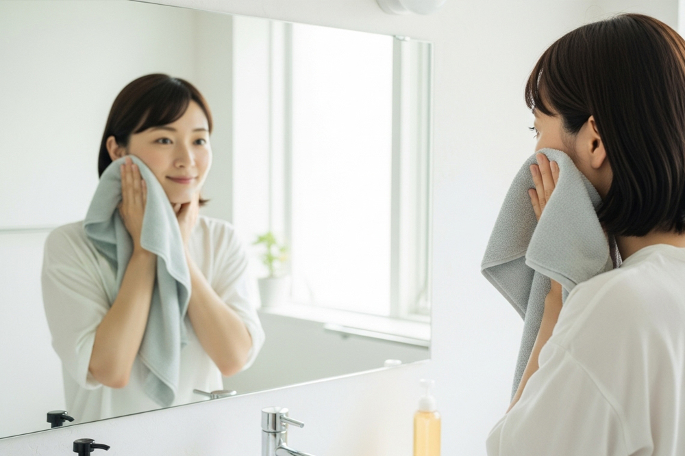 自宅の洗面台の前で、優しくタオルで顔を拭きながら鏡に向かって微笑んでいる女性。