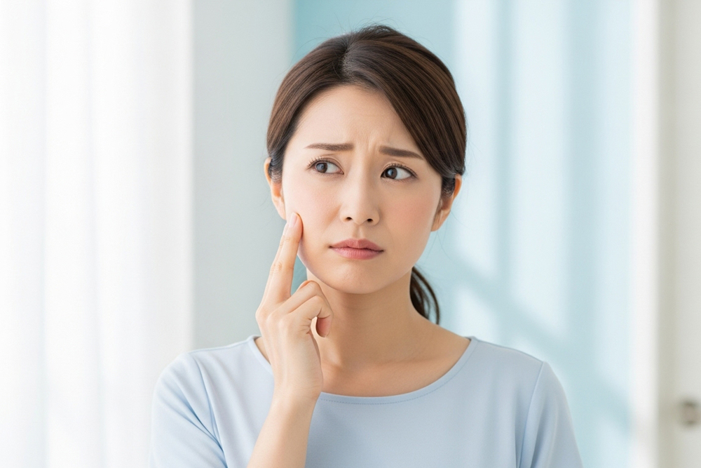 スキンバイブ（ボライトXC）が効果ないのではと心配し、頬を指で触れて状態を確認する女性のイメージ写真