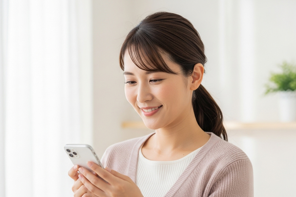 スキンバイブ（ボライトXC）は効果ないのかスマートフォンで調べている女性のイメージ写真