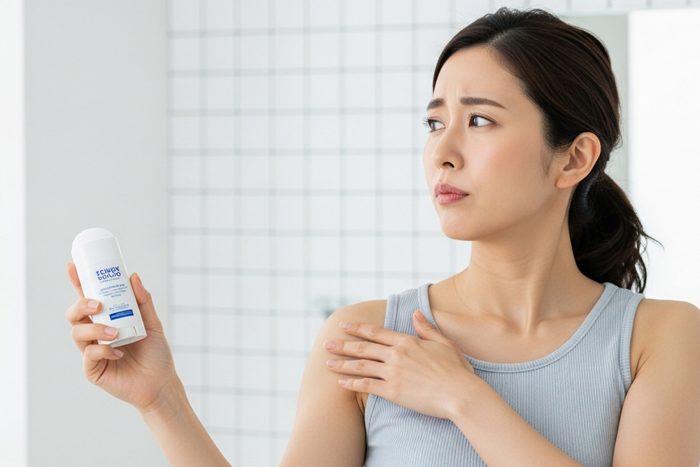 制汗剤はよくないのか気になり、胸元に手を当てながら制汗スティックを見つめて不安そうな表情をしている女性のイメージ写真