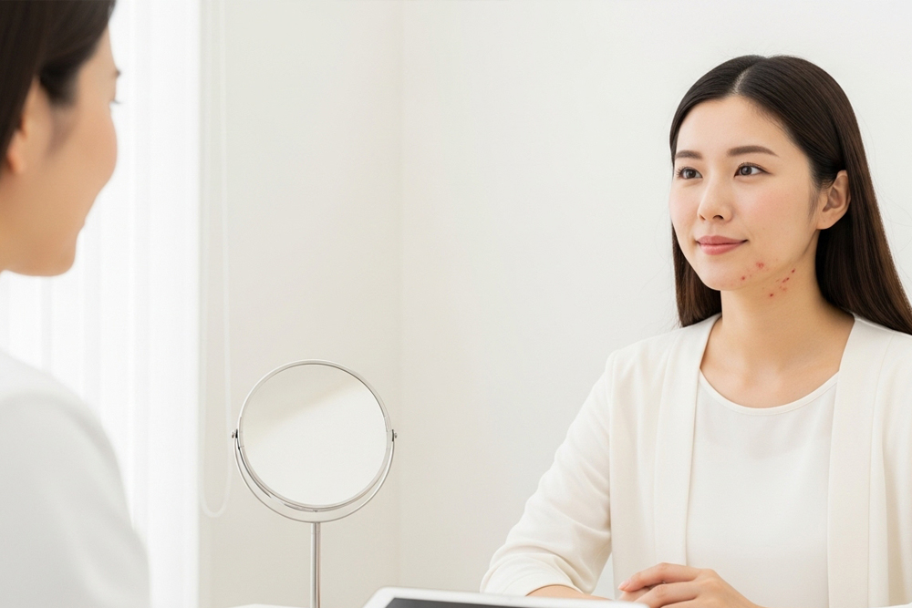 あごから頬にかけてニキビができた女性が、卓上ミラーのある明るい診察室でスタッフと向かい合い、肌悩みについてカウンセリングを受けている様子
