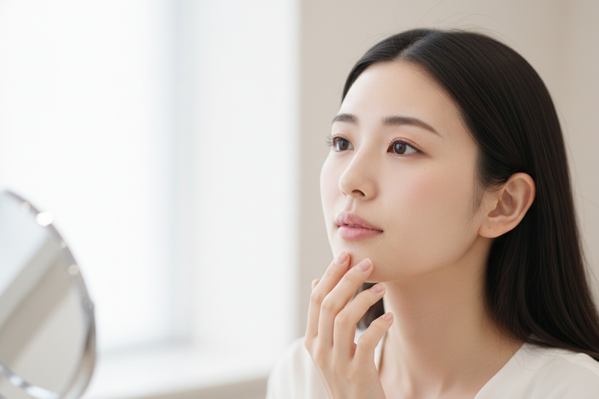鏡の前で、あごに指を添えながら横顔を確認している女性の写真です。