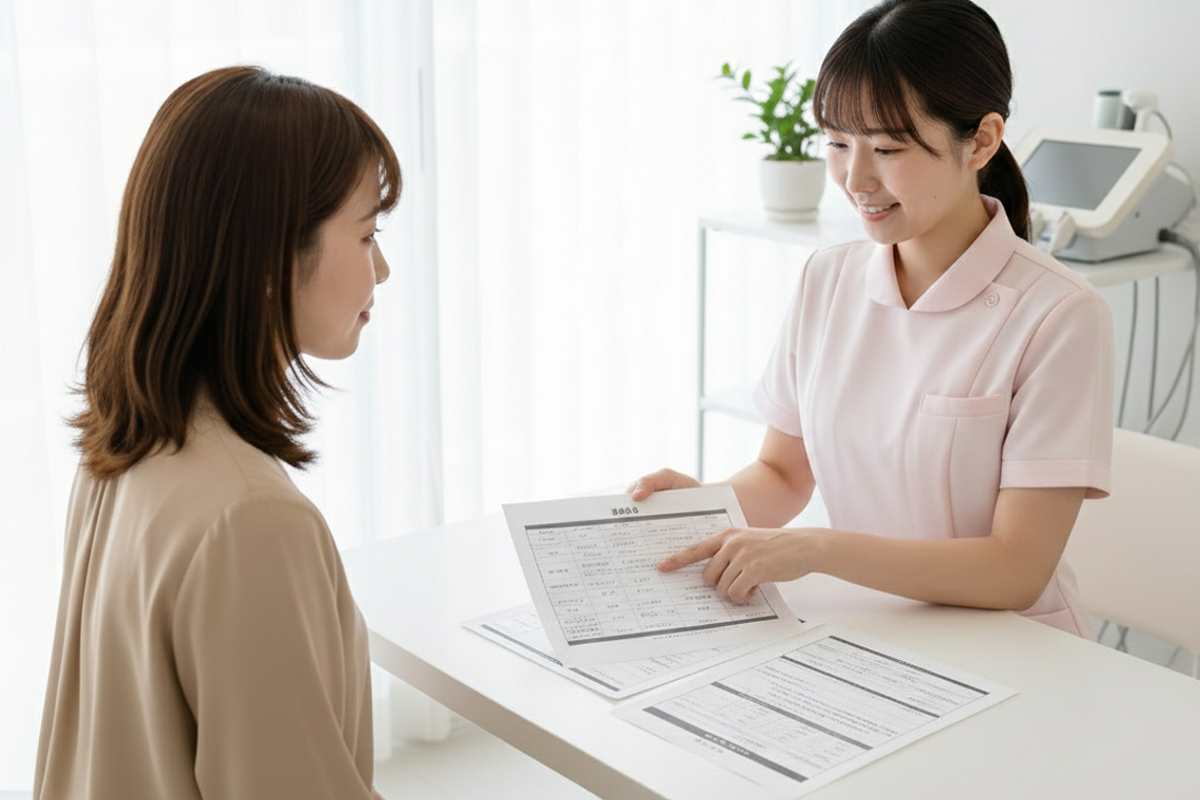 白い診察室のテーブルで、ピンクの制服を着たスタッフが書類を指さしながら、女性に脱毛や施術内容の説明をしているカウンセリング風景の写真です。
