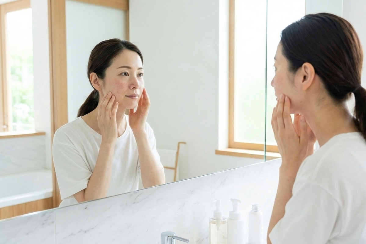 明るい洗面所で白いTシャツの女性が鏡を見ながら、少し赤みが出て荒れ気味に見える頬に両手でそっと触れ、肌の状態を確認している様子の画像です。