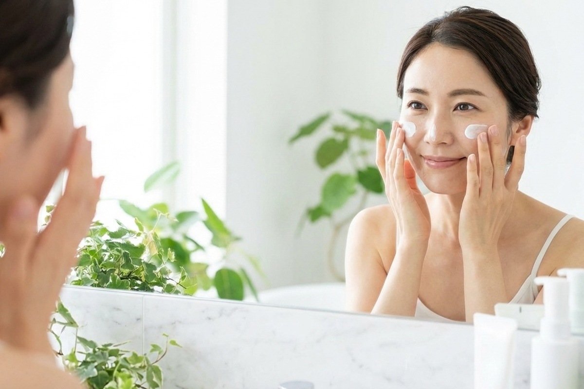鏡を見ながら頬に保湿クリームを塗布しているキャミソール姿の微笑んだ女性