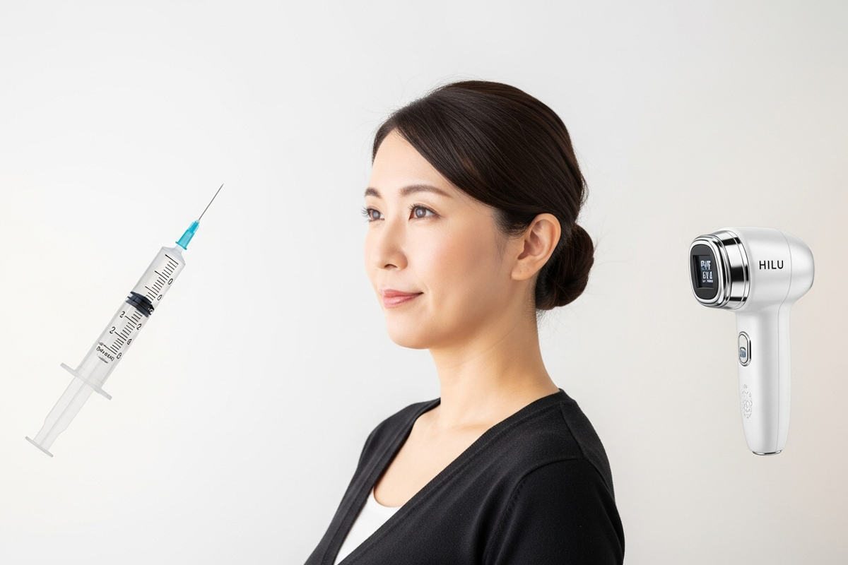 30代くらいの女性の横顔のイメージの左右に、注射器（脂肪溶解注射のイメージ）とHIFU機器が配置され、二重あごケアの方法を比べて考える場面です。
