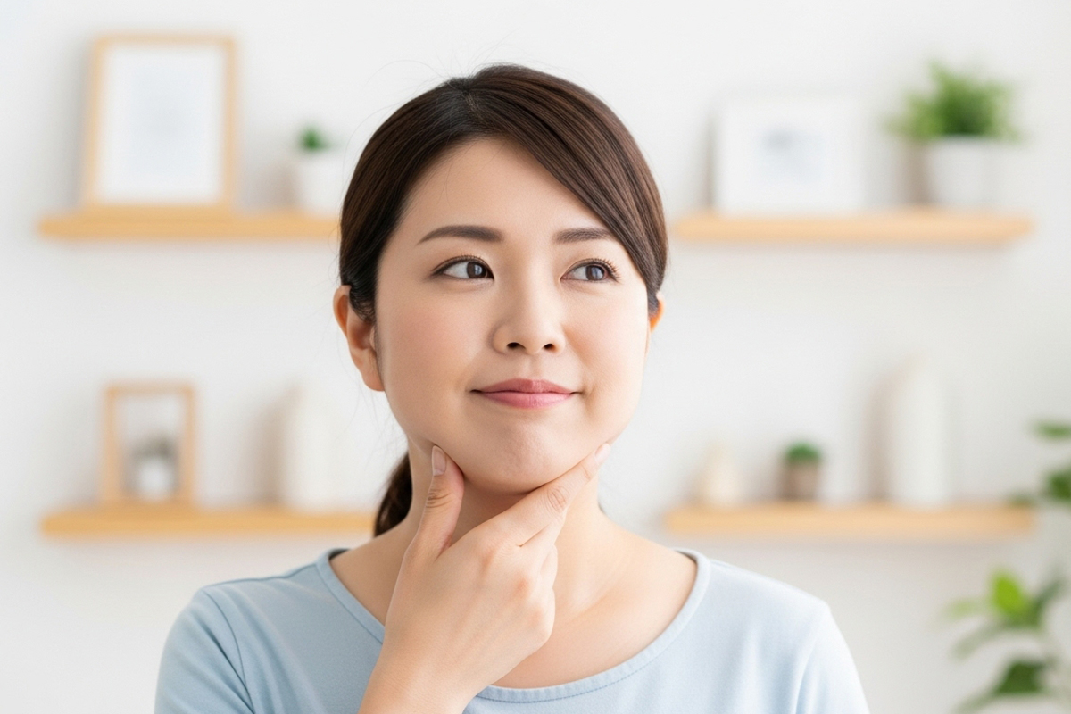 30代くらいの女性が自宅の明るい部屋で、あごに手を添えてフェイスライン（あご下）をやさしく触りながら、二重あごの状態を確認しています。背景には棚や小物、観葉植物が見えます。