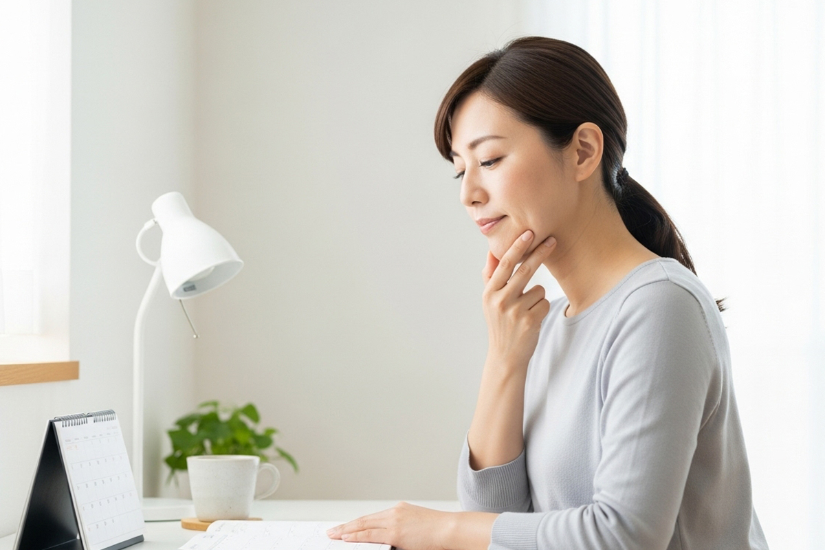 30代くらいの女性が自宅のデスクで、あごに手を当ててフェイスライン（二重あご）を気にしながら考えています。机の上には白いデスクライト、カレンダー、観葉植物、マグカップが置かれています。