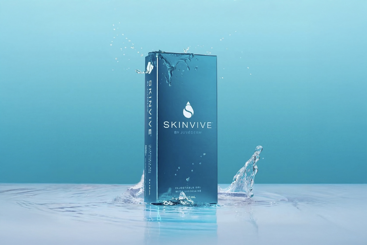 スキンバイブの製剤パッケージと、注入に使うシリンジ（注射器）、個包装トレーが並んだ製品イメージです。