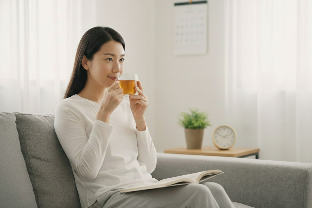 明るいリビングで、白い長袖の女性がグレーのソファに座り、両手で透明なカップを持って温かい飲み物を口元に運んでいます。ひざの上には開いた本があり、奥の棚には小さな観葉植物と置き時計、壁にはカレンダーが掛かっています。