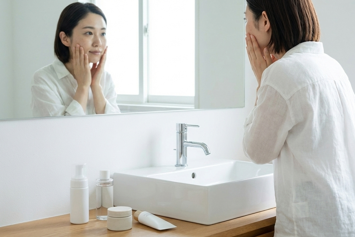 明るい室内の洗面所で鏡を見ながら自分の両頬を触っている20代後半の女性。洗面台には化粧水やクリームなどのスキンケア用品が置かれている。