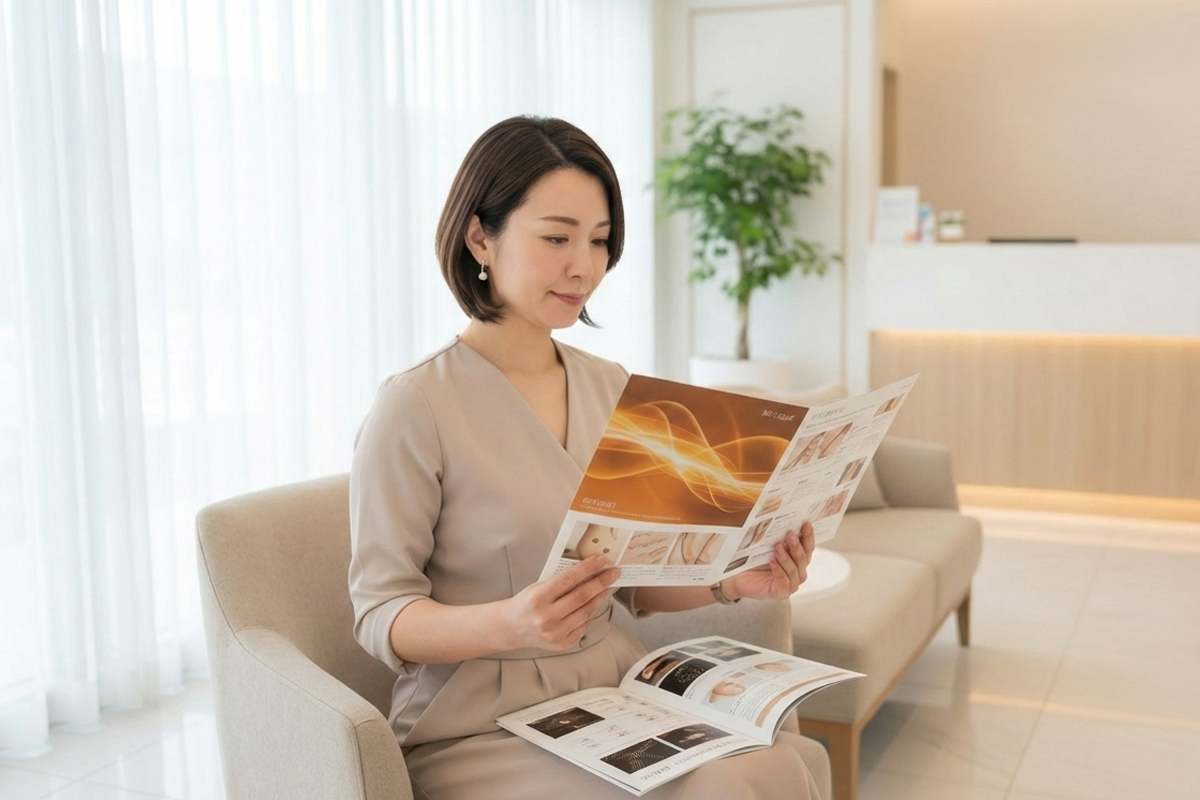 明るいクリニックの待合室で2種類のパンフレットを見て比較している女性。ひざの上に1枚のパンフレット、もう1枚は手にしている。椅子に座り考えている表情。