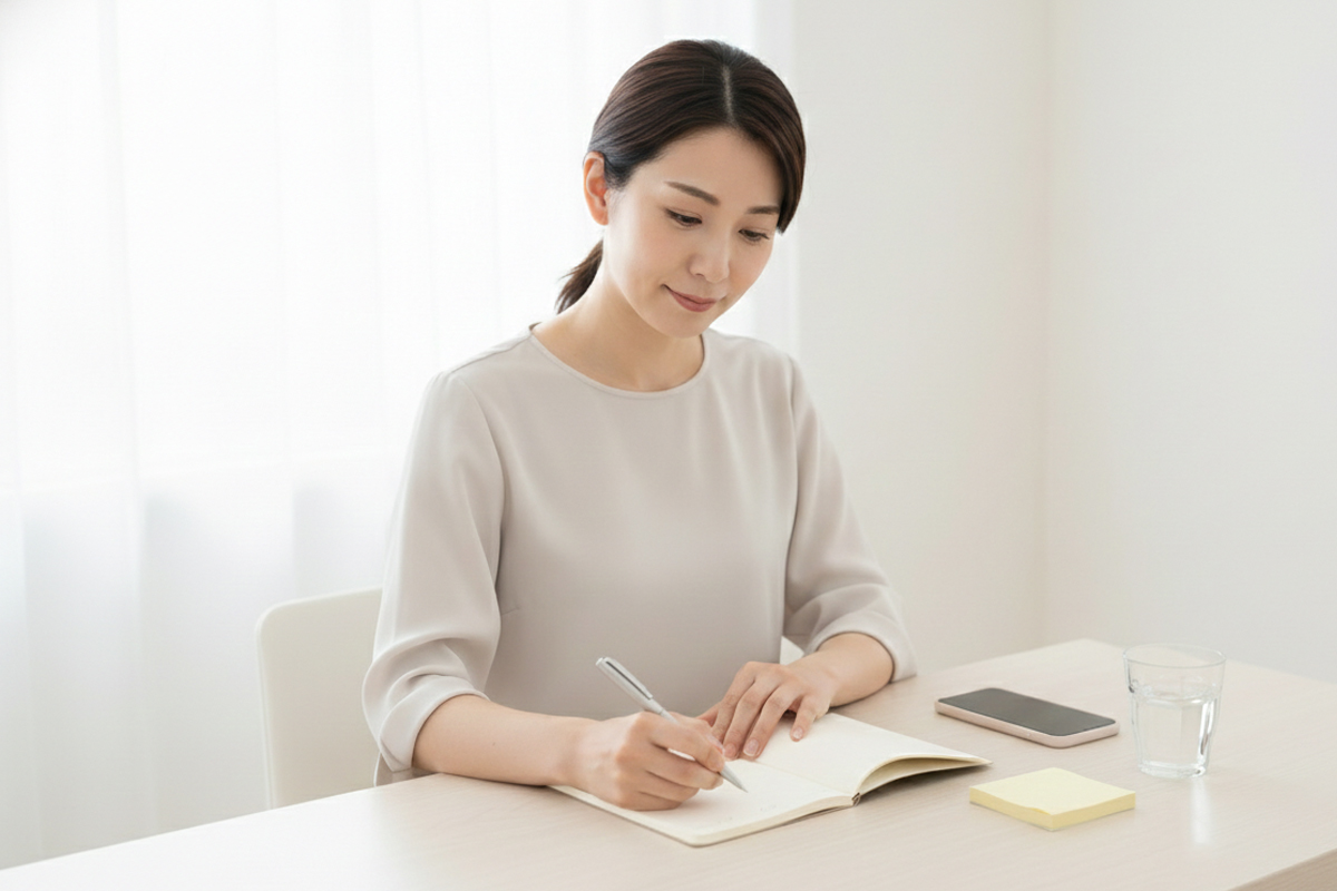 白を基調とした室内の椅子に座り、テーブルに広げたノートにメモをしている女性。テーブルの上には水の入ったコップやスマートフォン、メモ用紙などが置かれている。