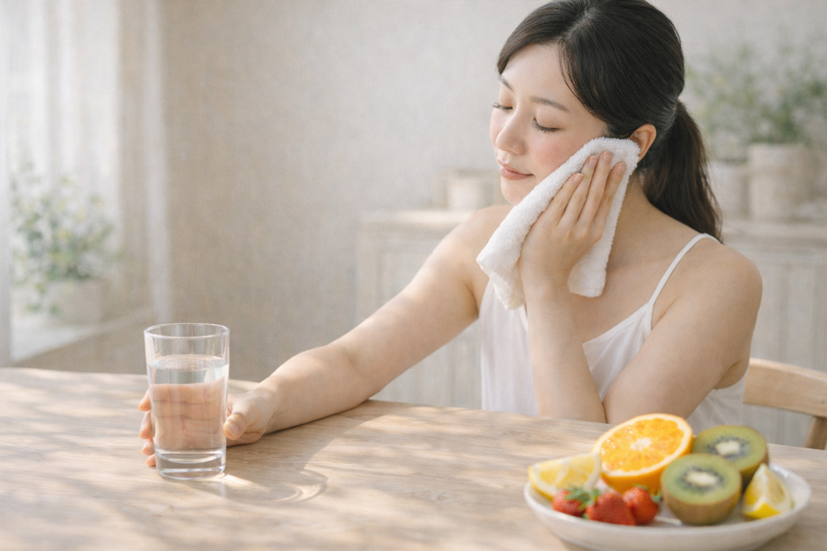 日焼け直後に、白いタオルを頬に当てながら水のグラスに手を伸ばす女性と、オレンジやキウイを添えた皿がテーブルに置いてある画像。