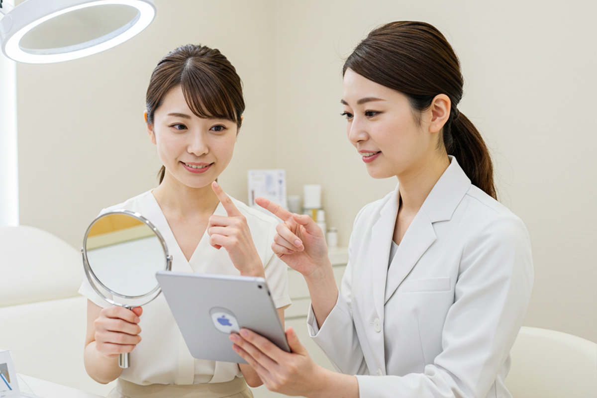 清潔な美容クリニックでカウンセリングを受けている女性と、タブレットを見ながら説明している女性医師。