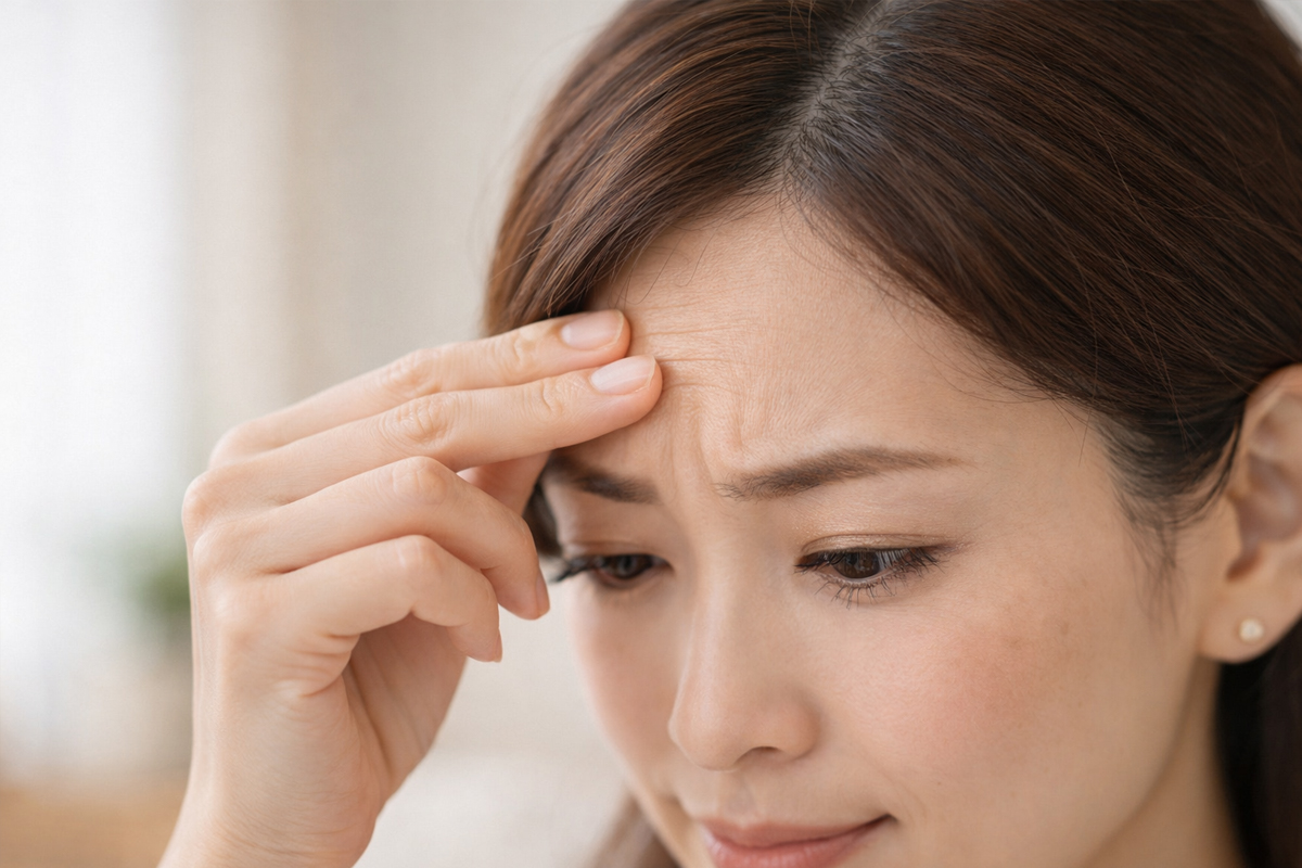 額に手を添えた日本人女性の上半顔が写り、眉間や額の表情ジワを気にするような表情をしている。
